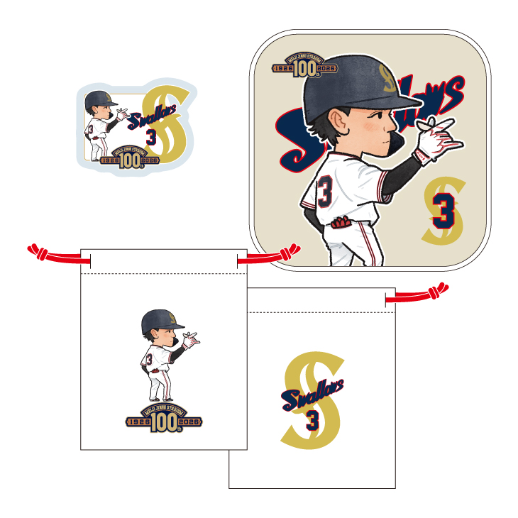 【明治神宮外苑創建100年記念】復刻ユニホーム選手イラスト 巾着＆ハンドタオル＆アクリルステッカーセット