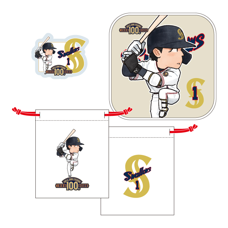 【明治神宮外苑創建100年記念】復刻ユニホーム選手イラスト 巾着＆ハンドタオル＆アクリルステッカーセット