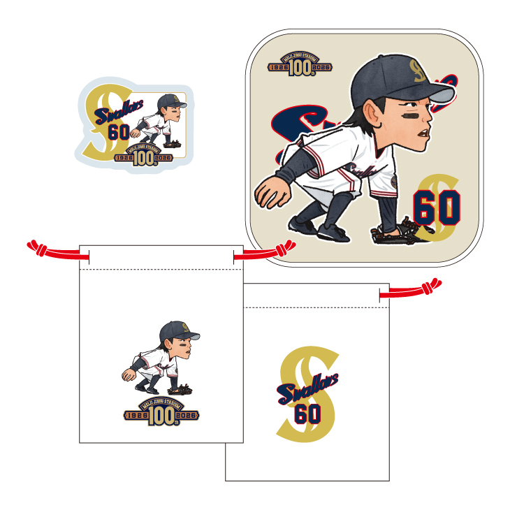 【明治神宮外苑創建100年記念】復刻ユニホーム選手イラスト 巾着＆ハンドタオル＆アクリルステッカーセット